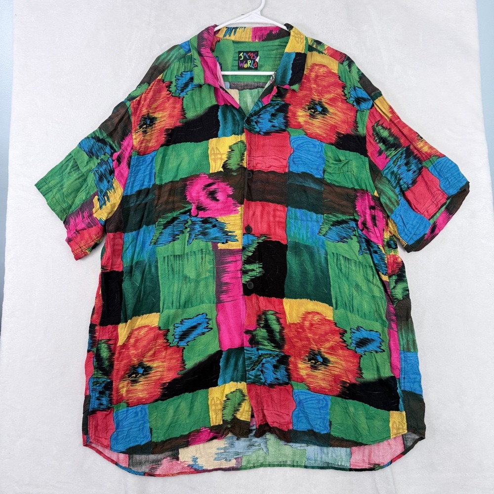 Jams World Hawaiian Shirt Mens 2XL Multicolor Floral Rayon Pocket Button Up